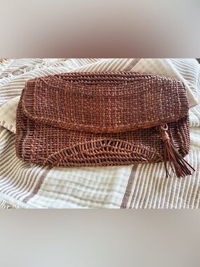 Cole Haan Woven Leather Clutch Brown Boho Handwoven Tassel Magnetic Closure